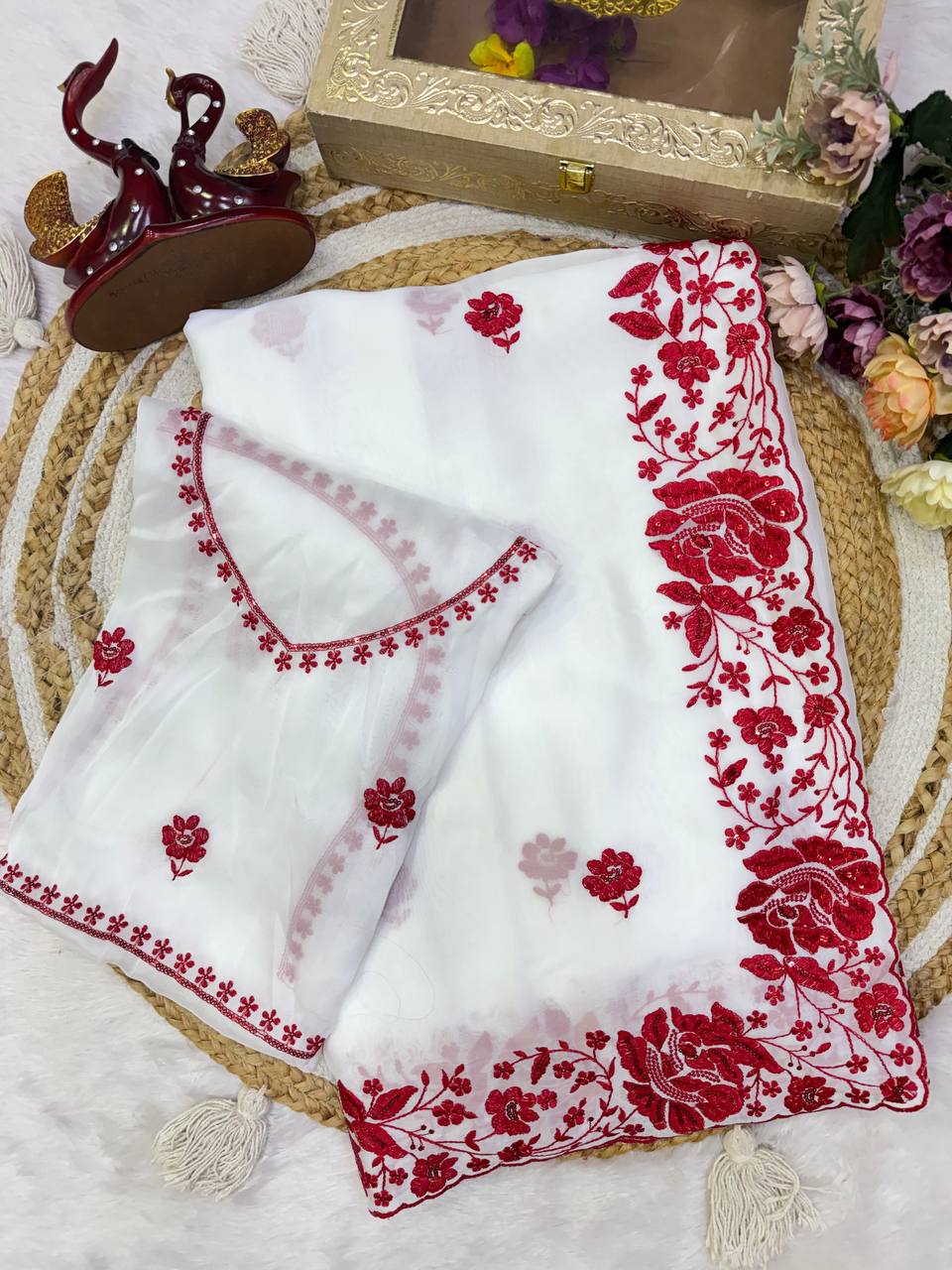 White Rangoli Silk Thread and Sequins Embroidery Work Saree