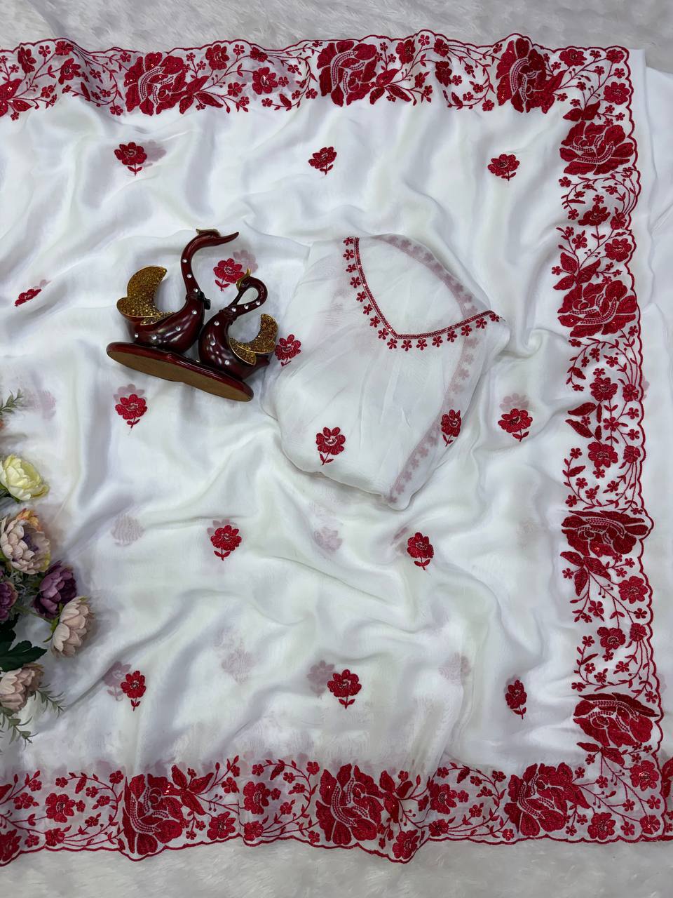 White Rangoli Silk Thread and Sequins Embroidery Work Saree