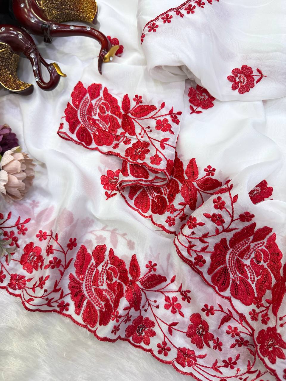 White Rangoli Silk Thread and Sequins Embroidery Work Saree