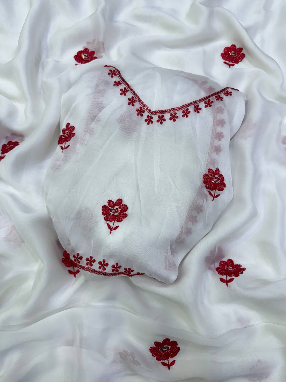 White Rangoli Silk Thread and Sequins Embroidery Work Saree