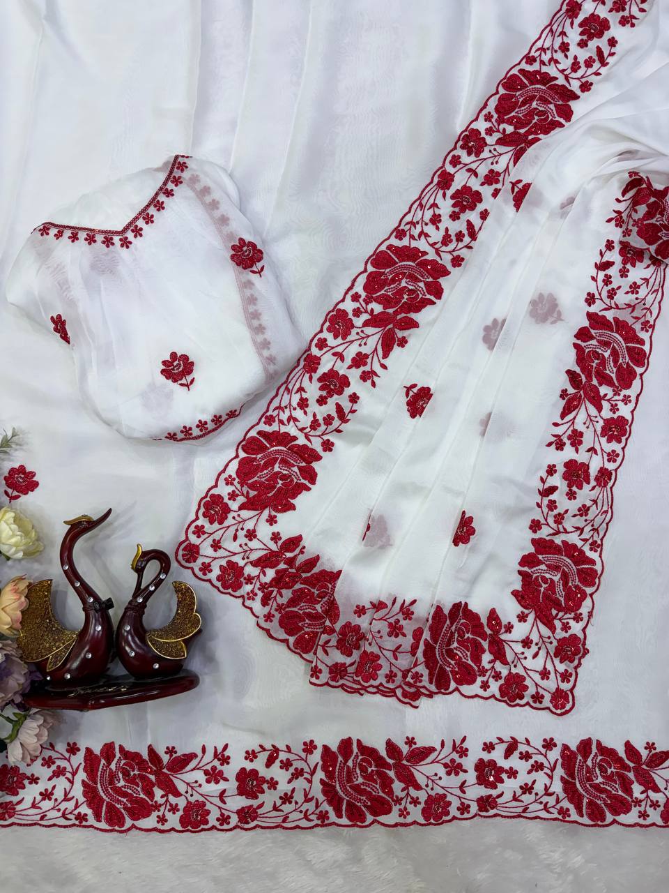 White Rangoli Silk Thread and Sequins Embroidery Work Saree