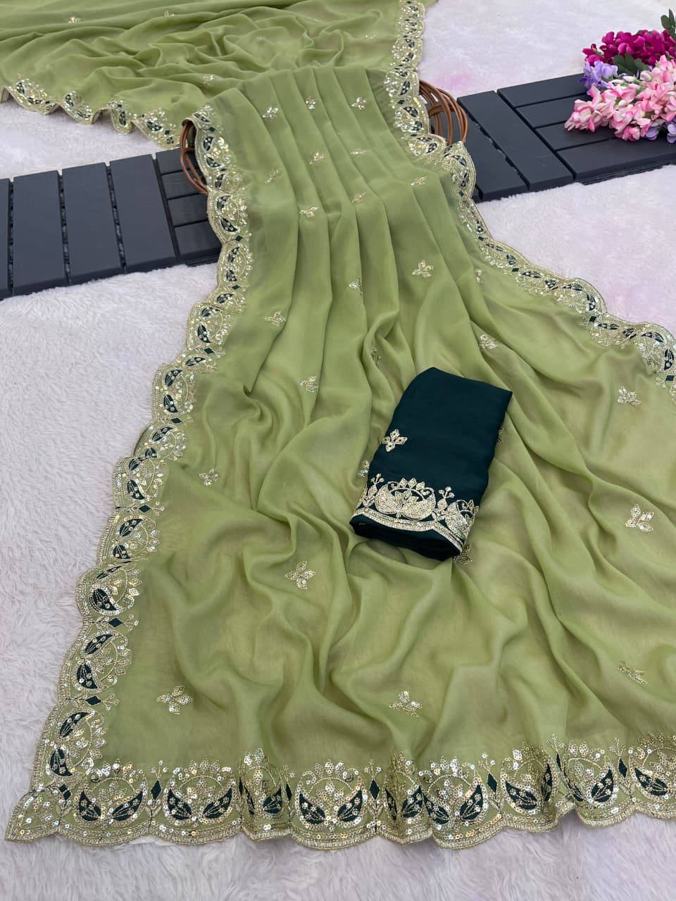 Olive Green Pure Star Georgette Silk Saree with Sequin, Zari & Cutwork Border