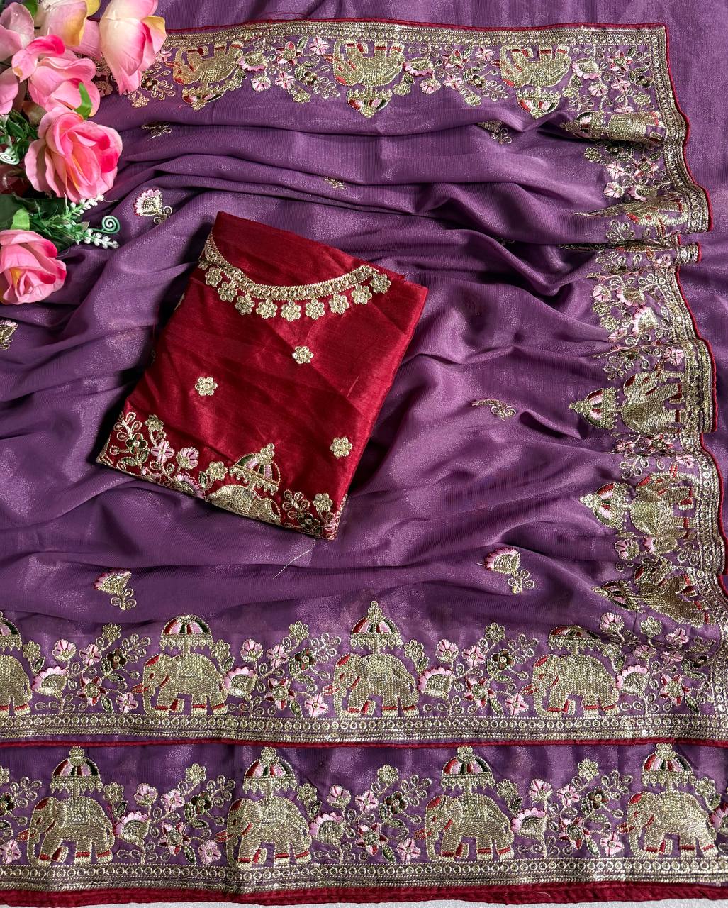Purple Pure Star Georgette Saree with Elephant C-Pallu Sequin Embroidery