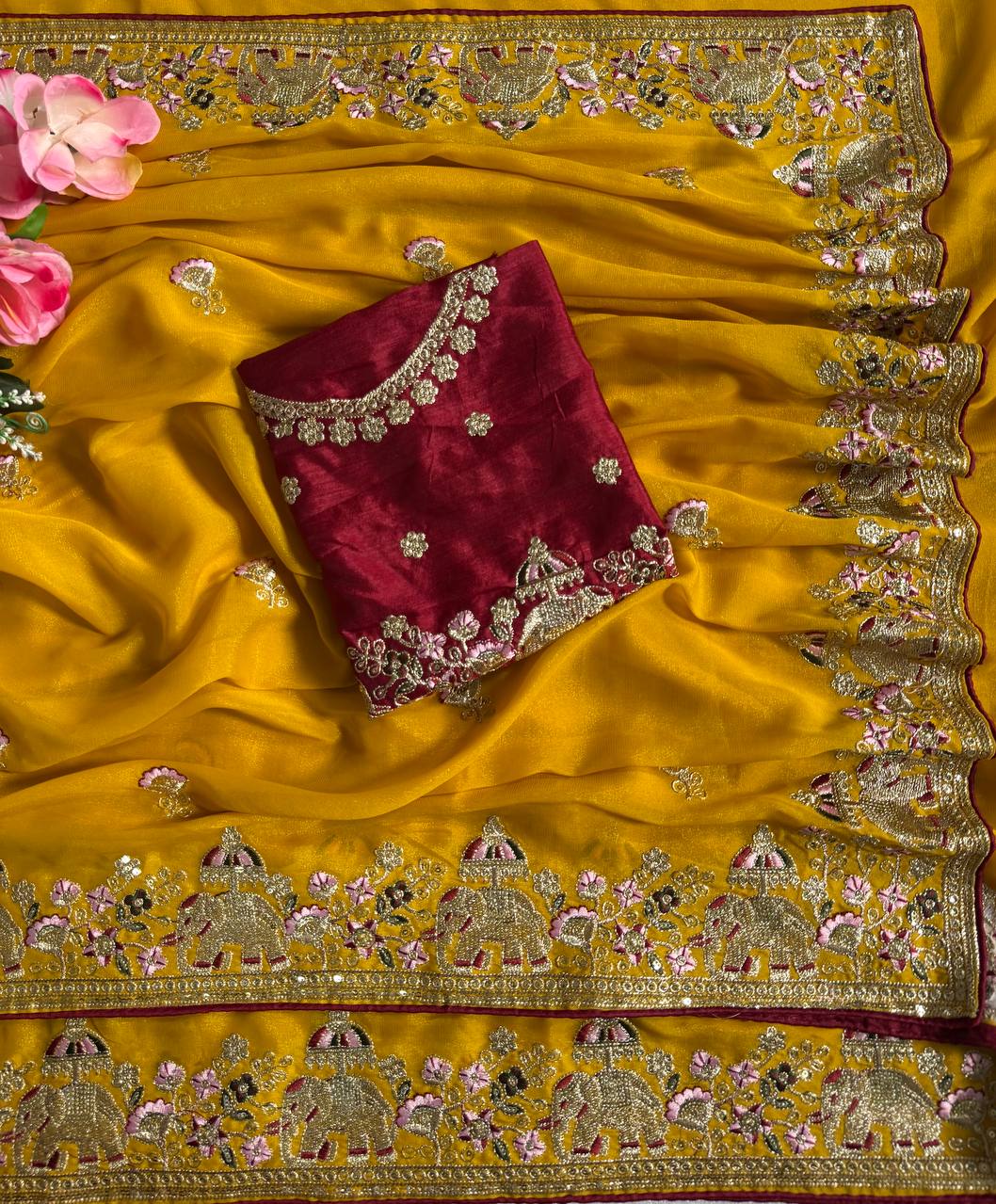 Mustard Yellow Pure Star Georgette Saree with Elephant C-Pallu Sequin Embroidery