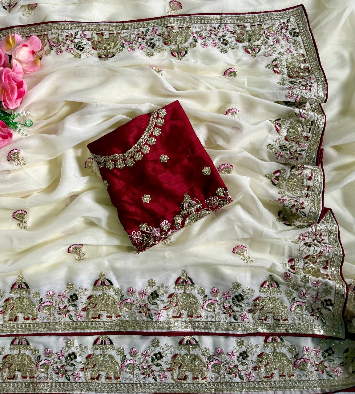 Off-White Pure Star Georgette Saree with Elephant C-Pallu Sequin Embroidery