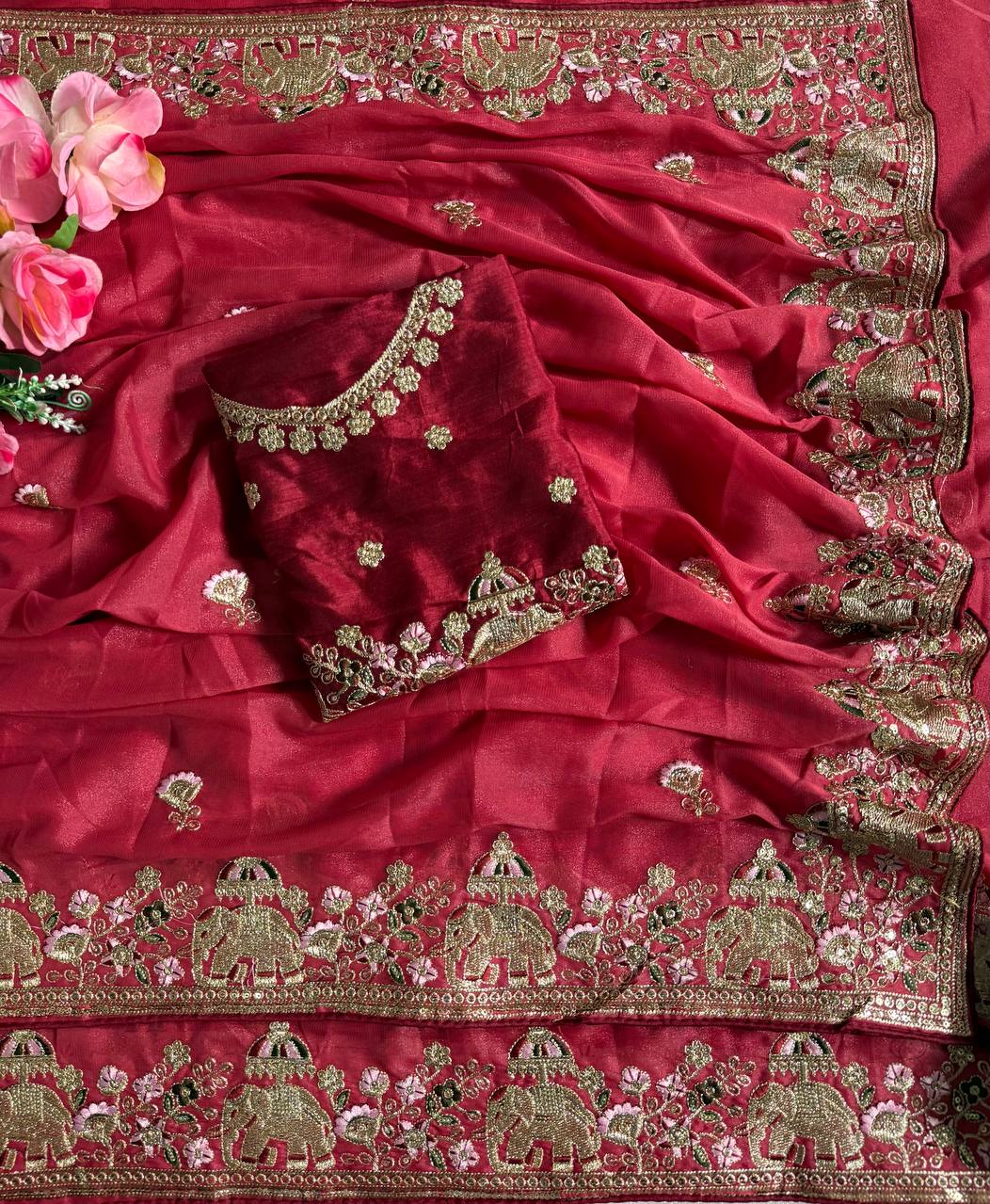 Maroon Red Pure Star Georgette Saree with Elephant C-Pallu Sequin Embroidery