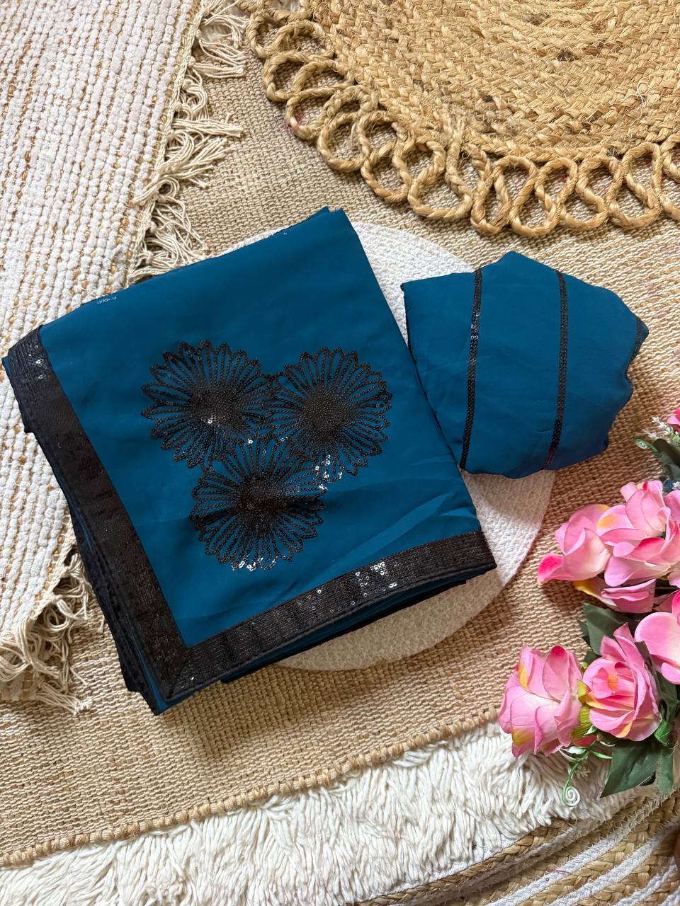 Peacock Blue Premium Georgette Saree with Floral 3mm Sequin Embroidery & Contrast Sequin Lace Border