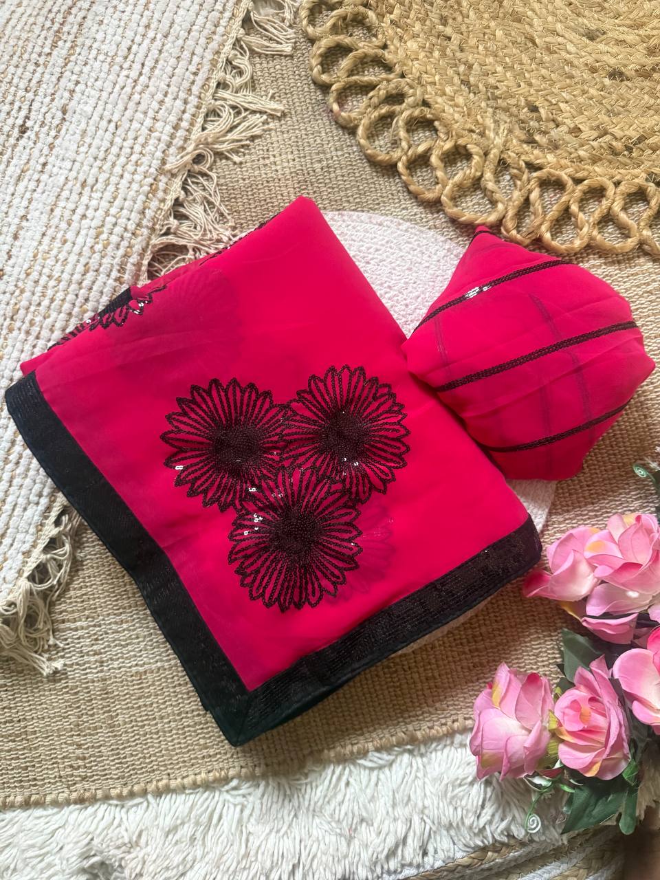 Rani Pink Premium Georgette Saree with Floral 3mm Sequin Embroidery & Contrast Sequin Lace Border