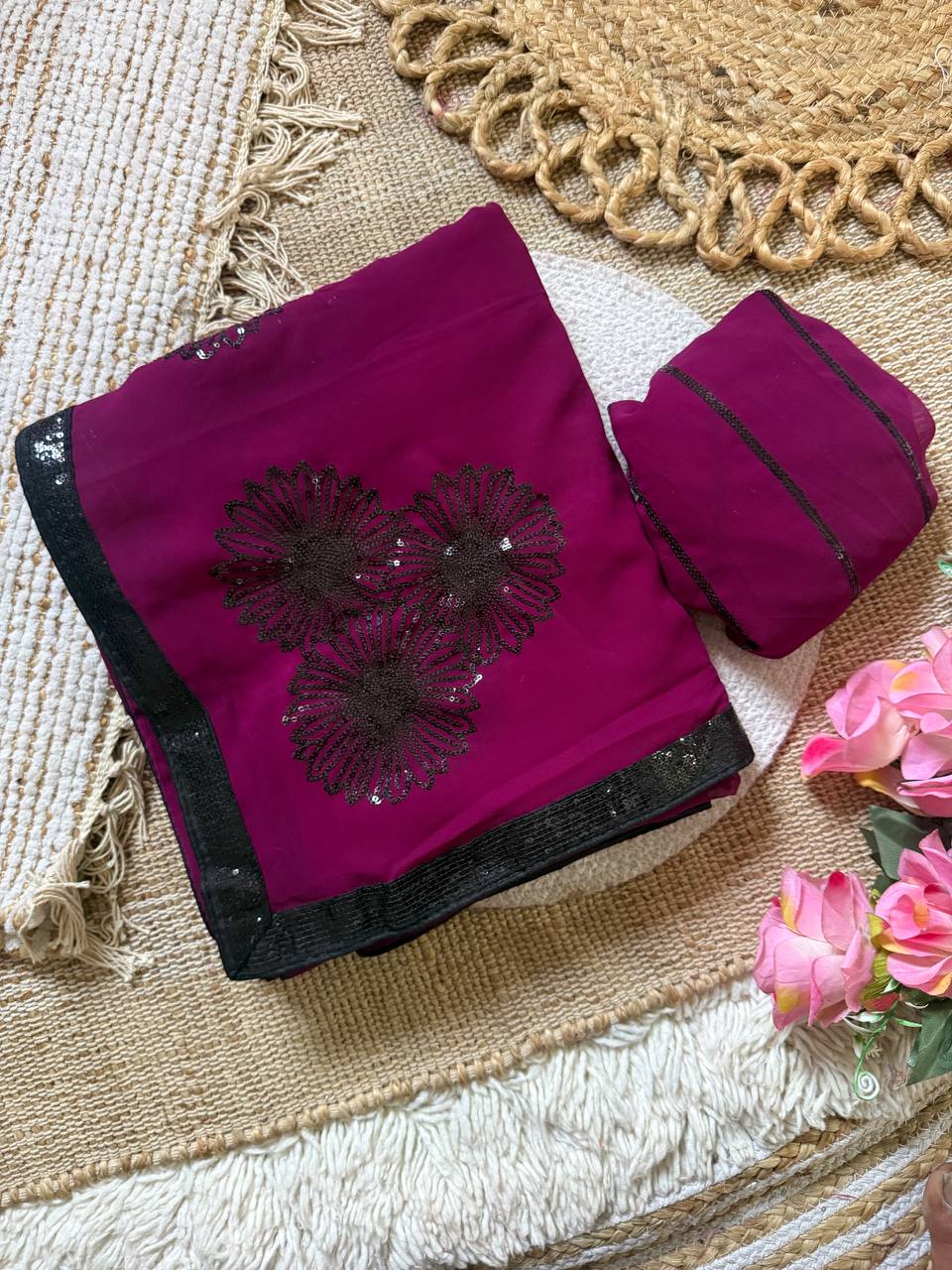 Magenta Purple Premium Georgette Saree with Floral 3mm Sequin Embroidery & Contrast Sequin Lace Border