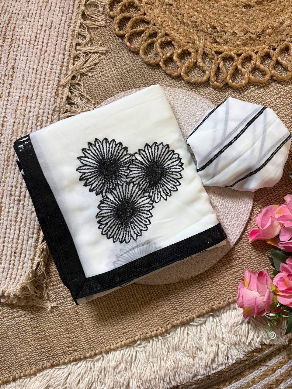 Off-White Premium Georgette Saree with Floral 3mm Sequin Embroidery & Black Sequin Lace Border