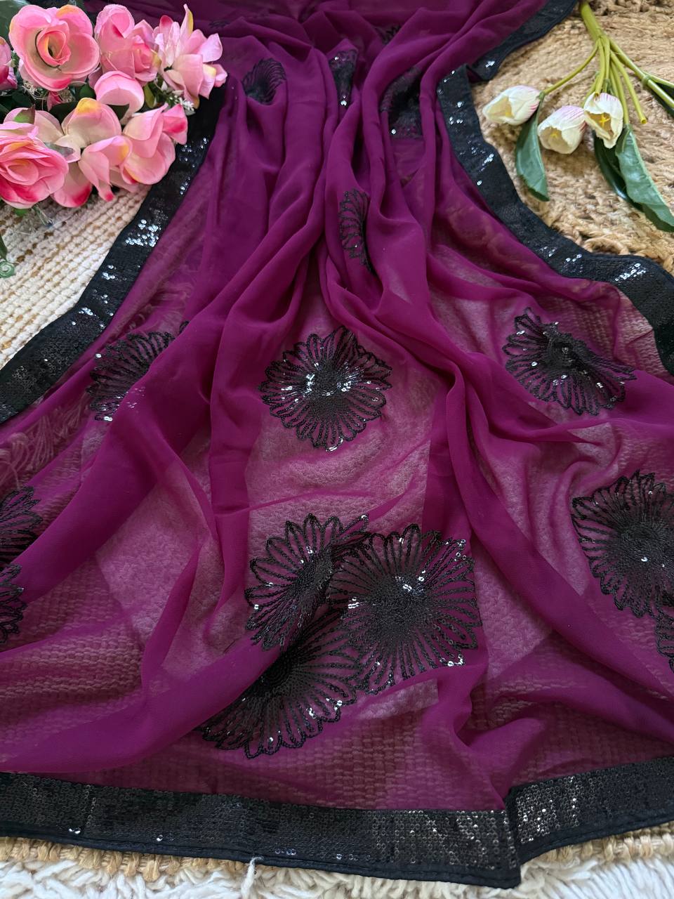 Magenta Purple Premium Georgette Saree with Floral 3mm Sequin Embroidery & Contrast Sequin Lace Border