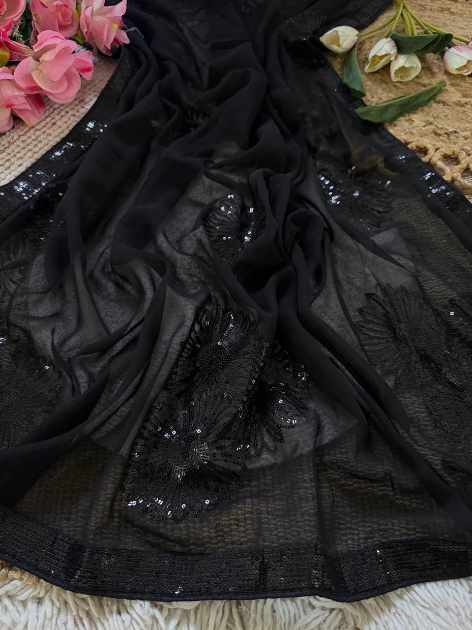 Jet Black Premium Georgette Saree with Floral 3mm Sequin Embroidery & Matching Sequin Lace Border