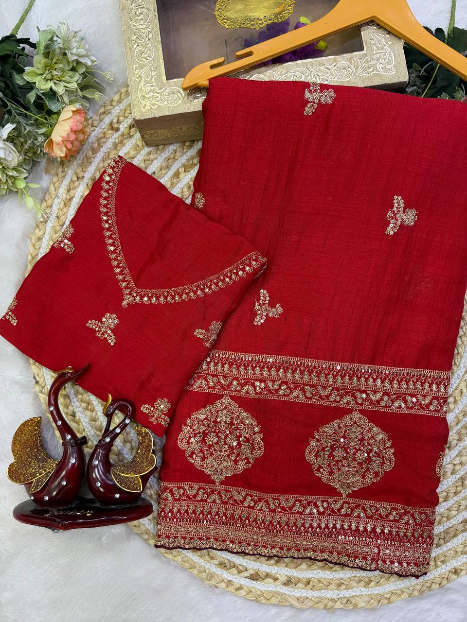 Georgeous Red Vichitra Silk Sequance and Zari Embroidered Saree