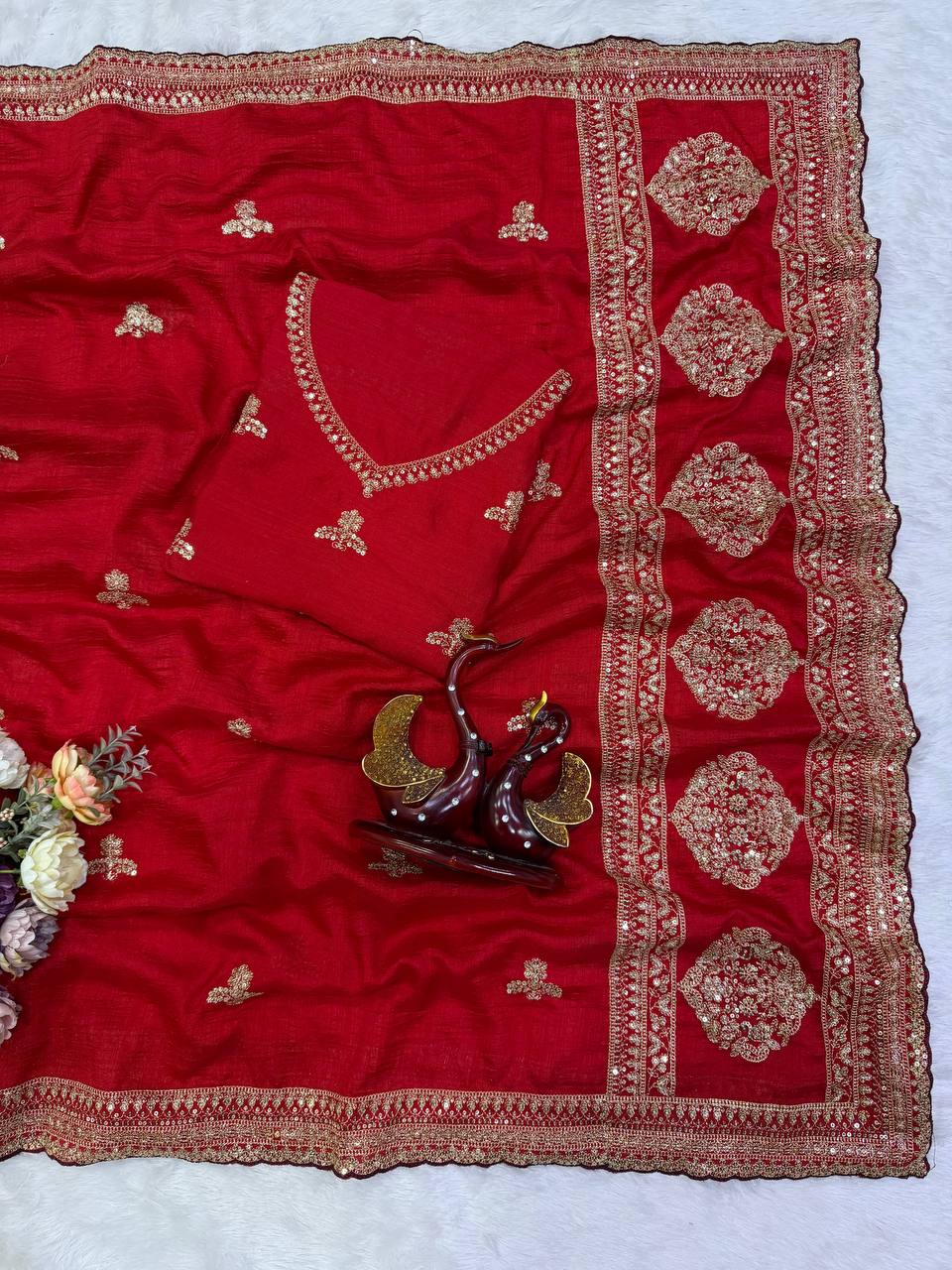 Georgeous Red Vichitra Silk Sequance and Zari Embroidered Saree
