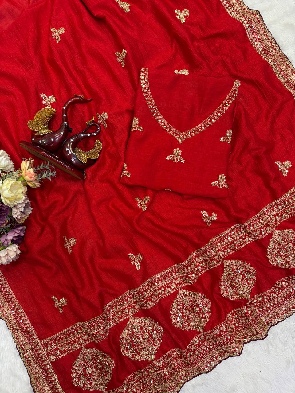 Georgeous Red Vichitra Silk Sequance and Zari Embroidered Saree