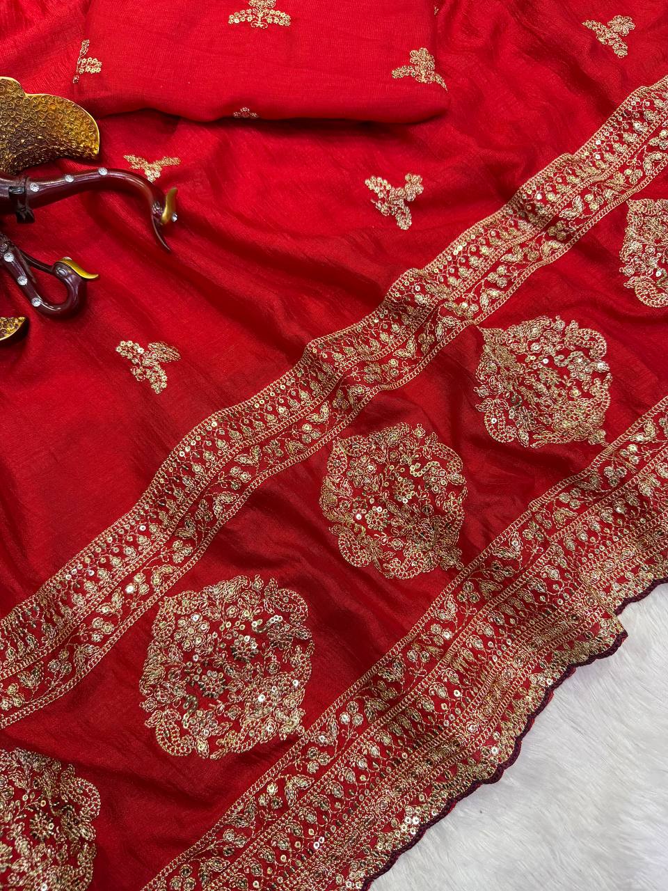 Georgeous Red Vichitra Silk Sequance and Zari Embroidered Saree