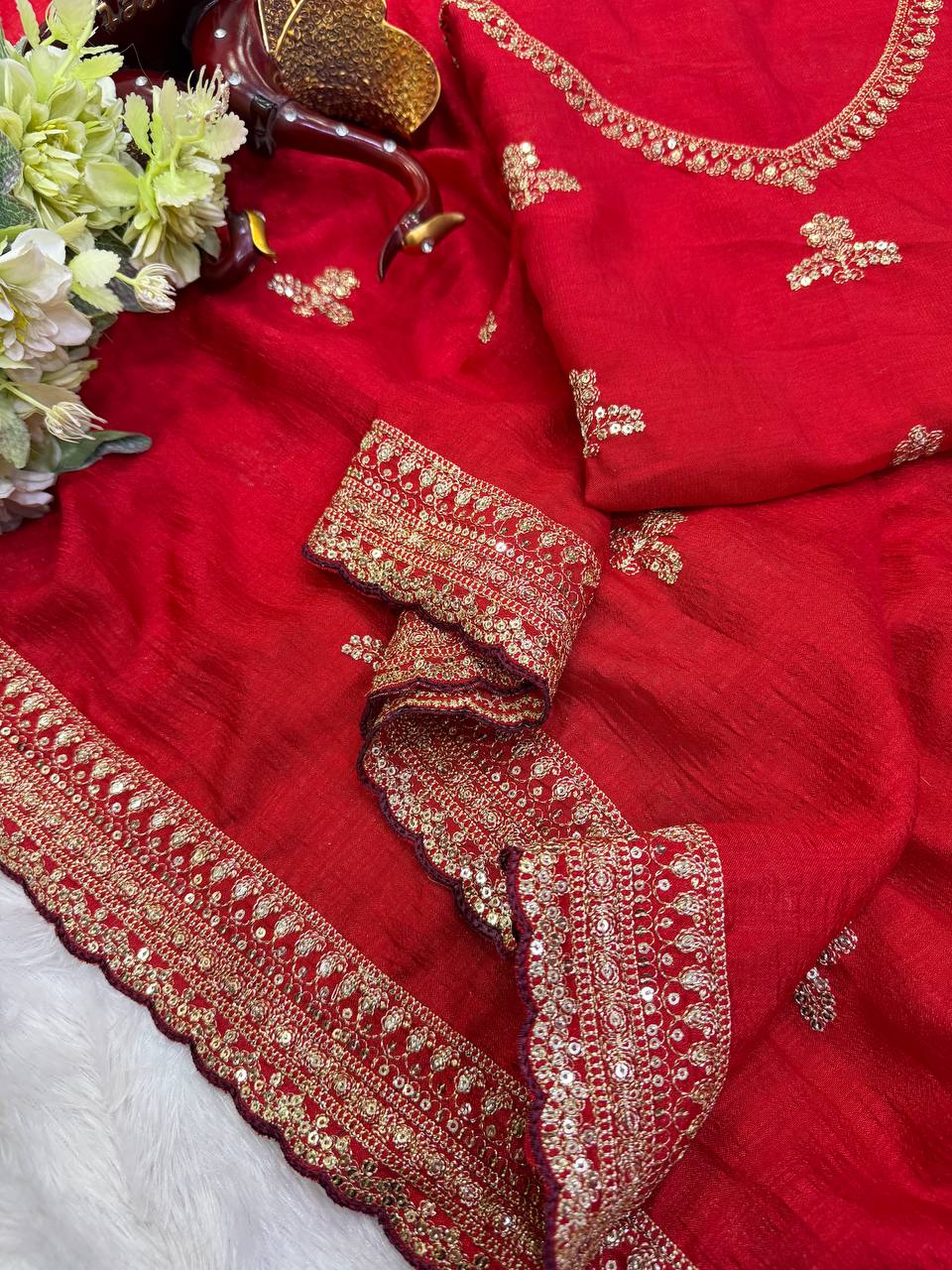 Georgeous Red Vichitra Silk Sequance and Zari Embroidered Saree