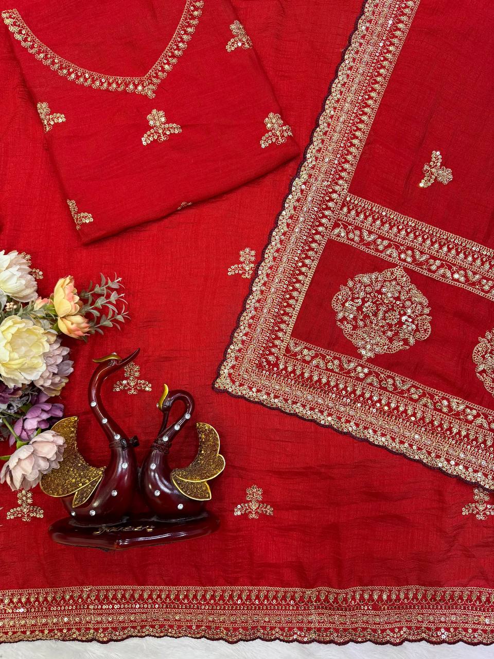 Georgeous Red Vichitra Silk Sequance and Zari Embroidered Saree