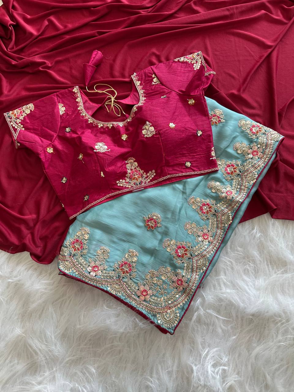 Sky Blue Rich Nylon Fandy Silk Saree with Heavy Golden Codding Dori & Sequins Embroidery