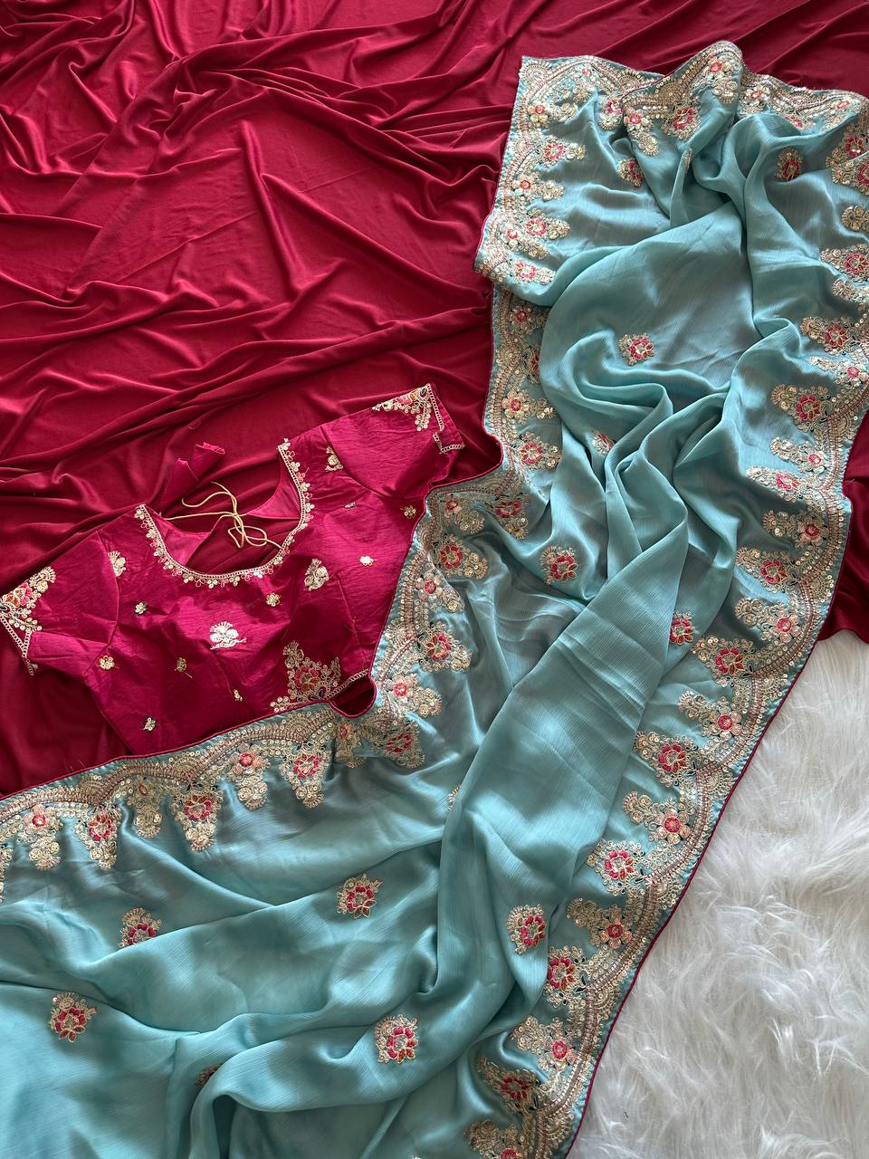 Sky Blue Rich Nylon Fandy Silk Saree with Heavy Golden Codding Dori & Sequins Embroidery