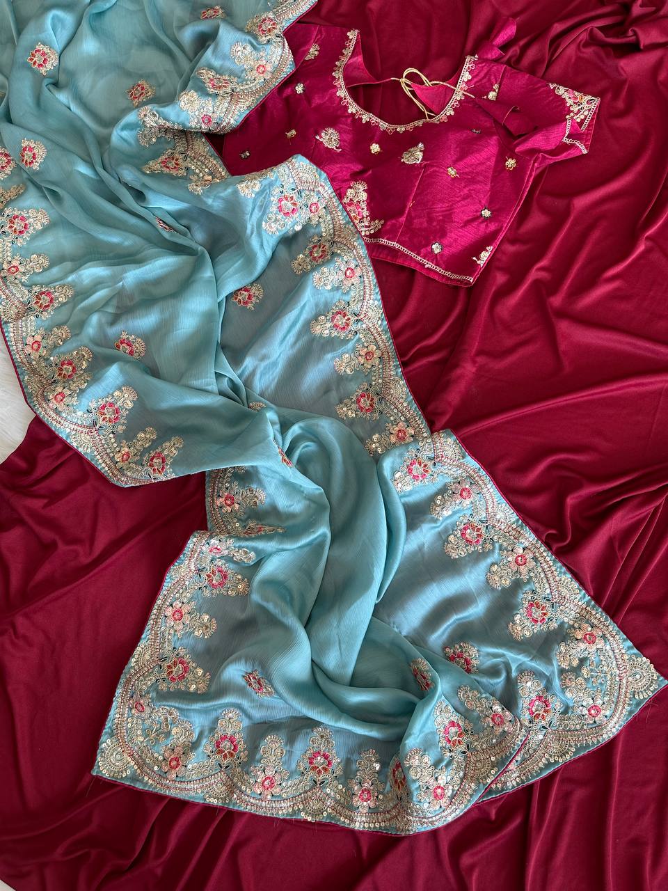 Sky Blue Rich Nylon Fandy Silk Saree with Heavy Golden Codding Dori & Sequins Embroidery
