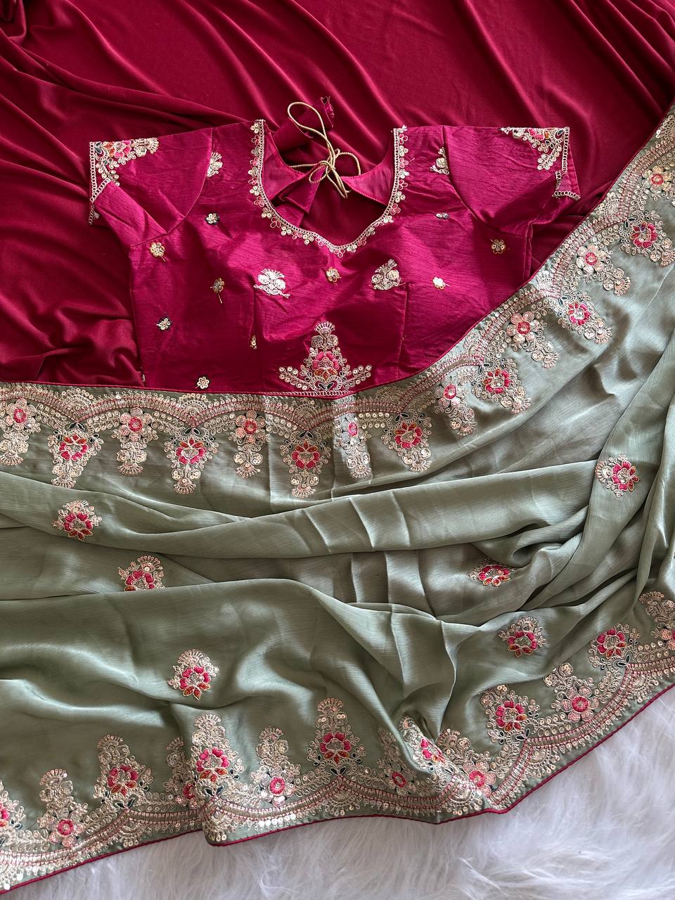 Sage Green Rich Nylon Fandy Silk Saree with Heavy Golden Codding Dori & Sequins Embroidery