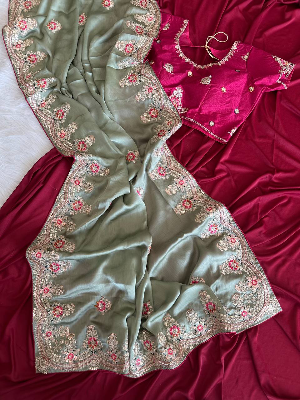 Sage Green Rich Nylon Fandy Silk Saree with Heavy Golden Codding Dori & Sequins Embroidery
