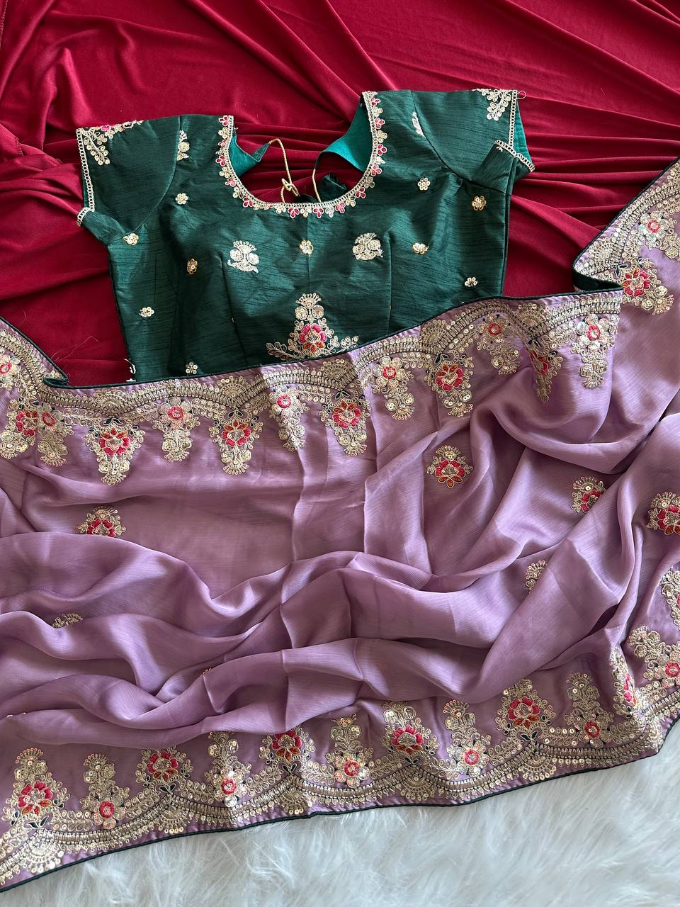 Mauve Purple Rich Nylon Fandy Silk Saree with Heavy Golden Codding Dori & Sequins Embroidery