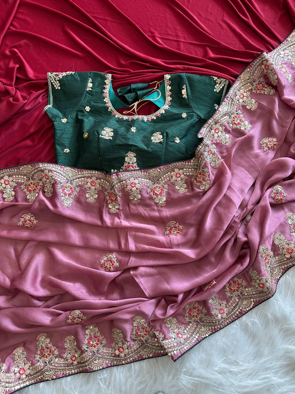 Dusty Rose Rich Nylon Fandy Silk Saree with Heavy Golden Codding Dori & Sequins Embroidery