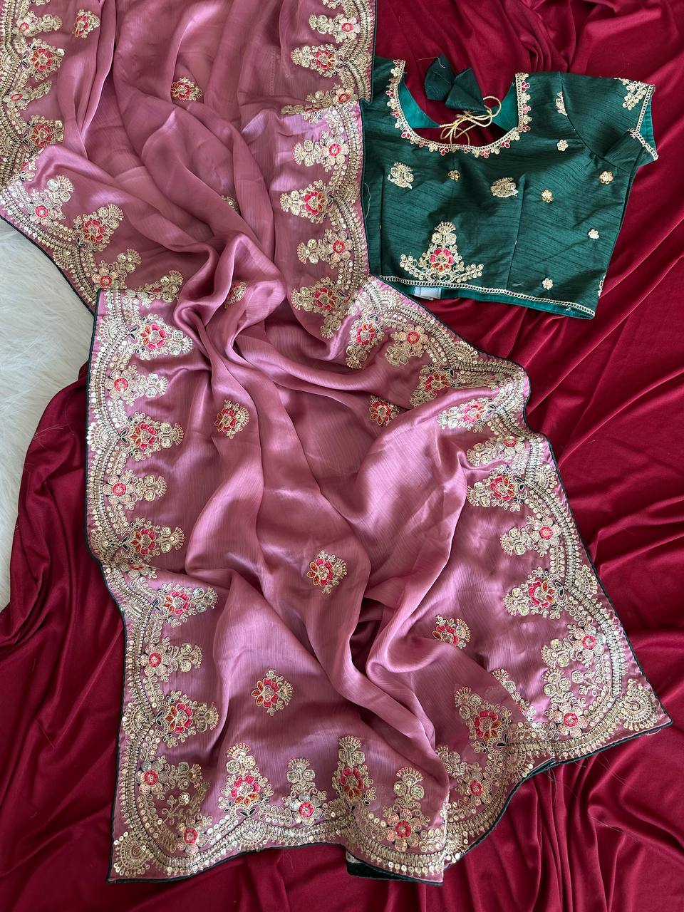 Dusty Rose Rich Nylon Fandy Silk Saree with Heavy Golden Codding Dori & Sequins Embroidery