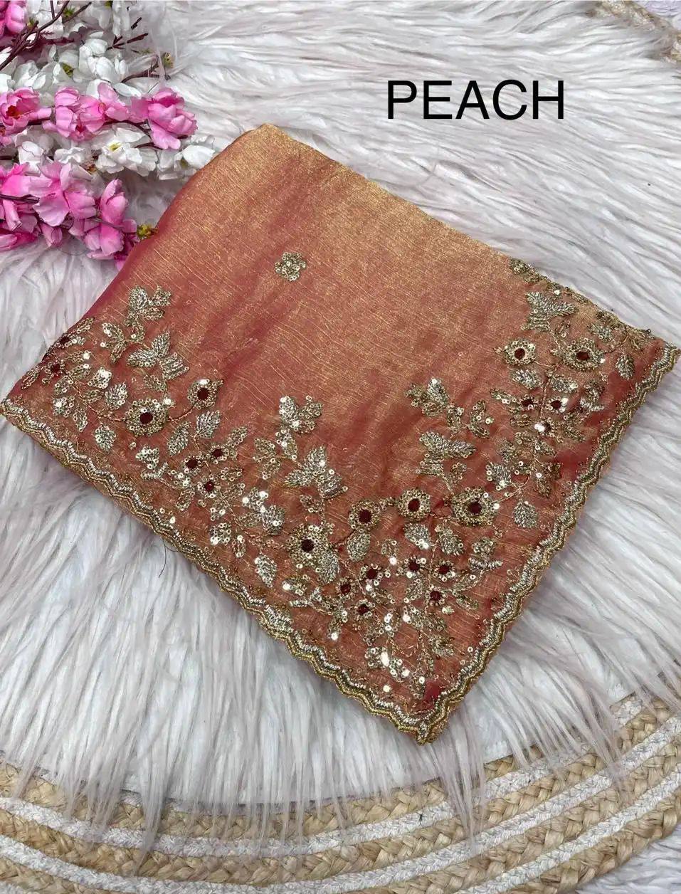 Coral Pink Heavy Fancy Chiffon Silk Saree with Zari Sequence Embroidered Pallu & Cutwork Border