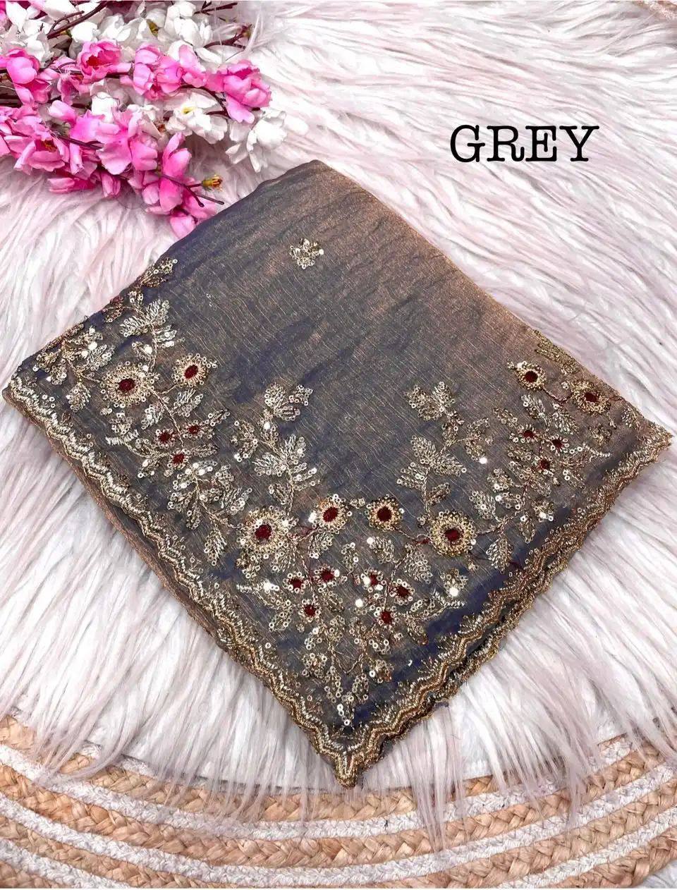 Grey Heavy Fancy Chiffon Silk Saree with Zari Sequence Embroidered Pallu & Cutwork Border