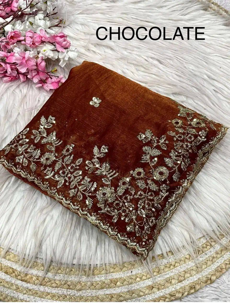 Rust Brown Heavy Fancy Chiffon Silk Saree with Zari Sequence Embroidered Pallu & Cutwork Border