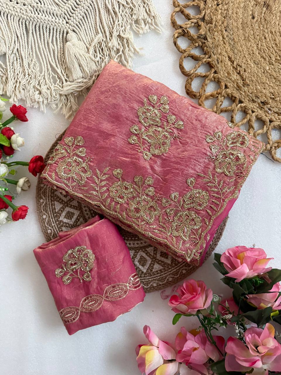 Dusty Pink Pure Fancy Satin Saree with Beads & Sequin C-Pallu Embroidery