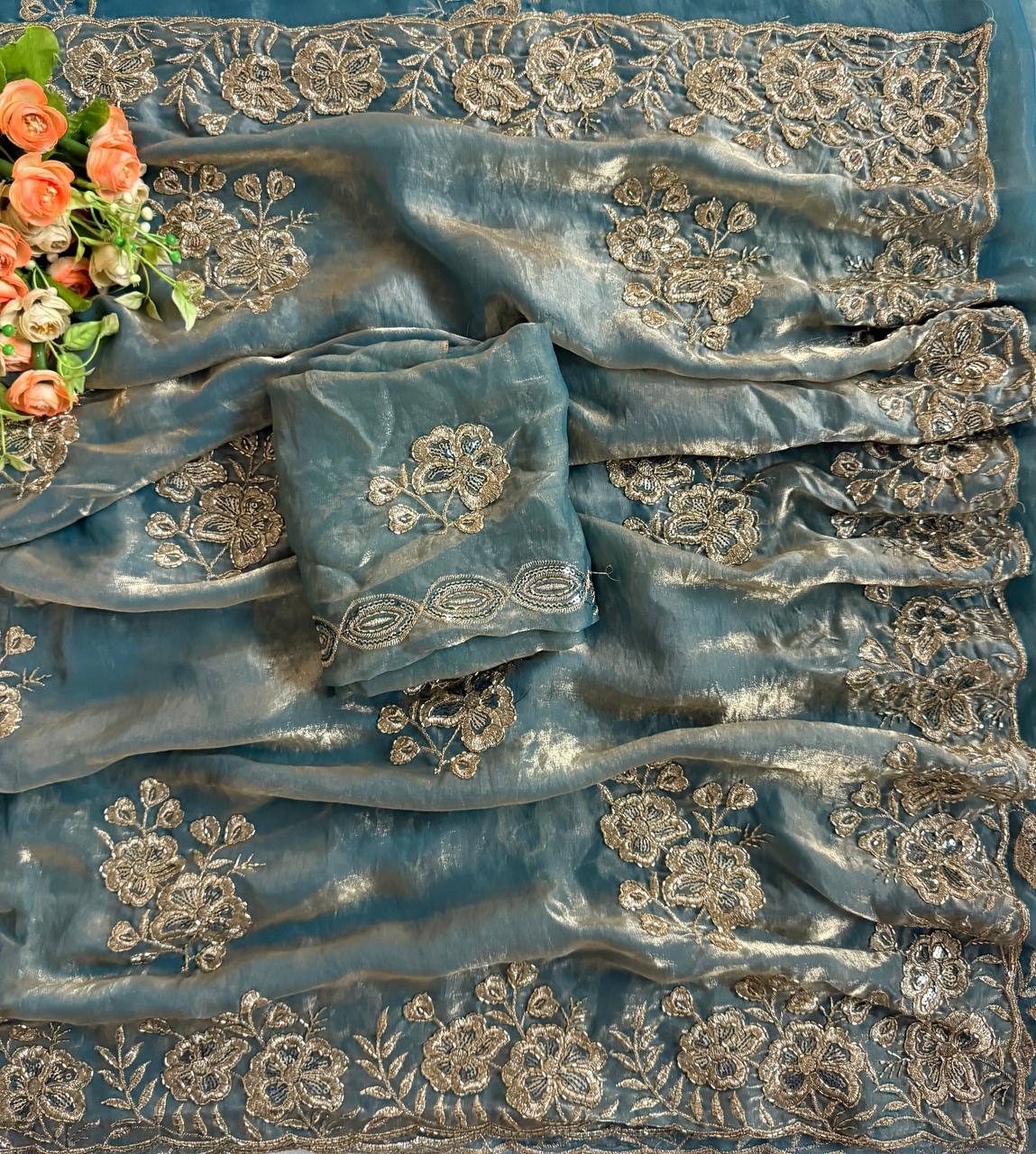 Dusty Teal Blue Pure Fandy Satin Saree with Beads & Sequin Floral Cutwork Border