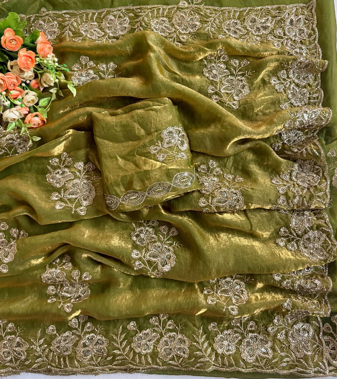 Olive Green Pure Fancy Satin Saree with Beads & Sequin C-Pallu Embroidery