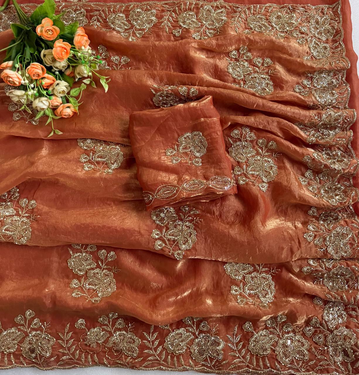 Rust Orange Pure Fancy Satin Saree with Beads & Sequin C-Pallu Embroidery