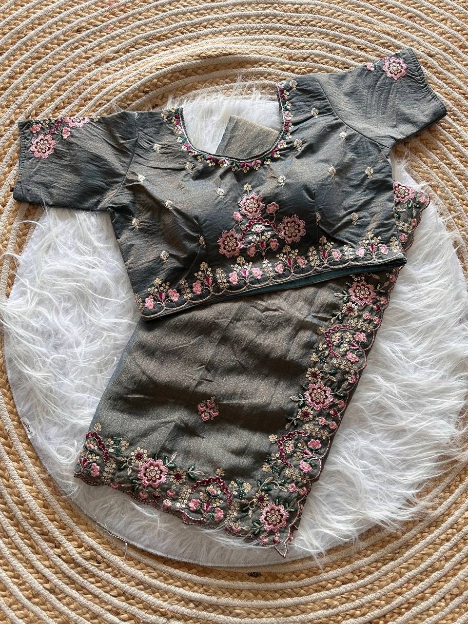 Steel Grey Pure Soft Khadi Moss Silk Saree with Floral Sequence Embroidery & Double Line Aarco Border