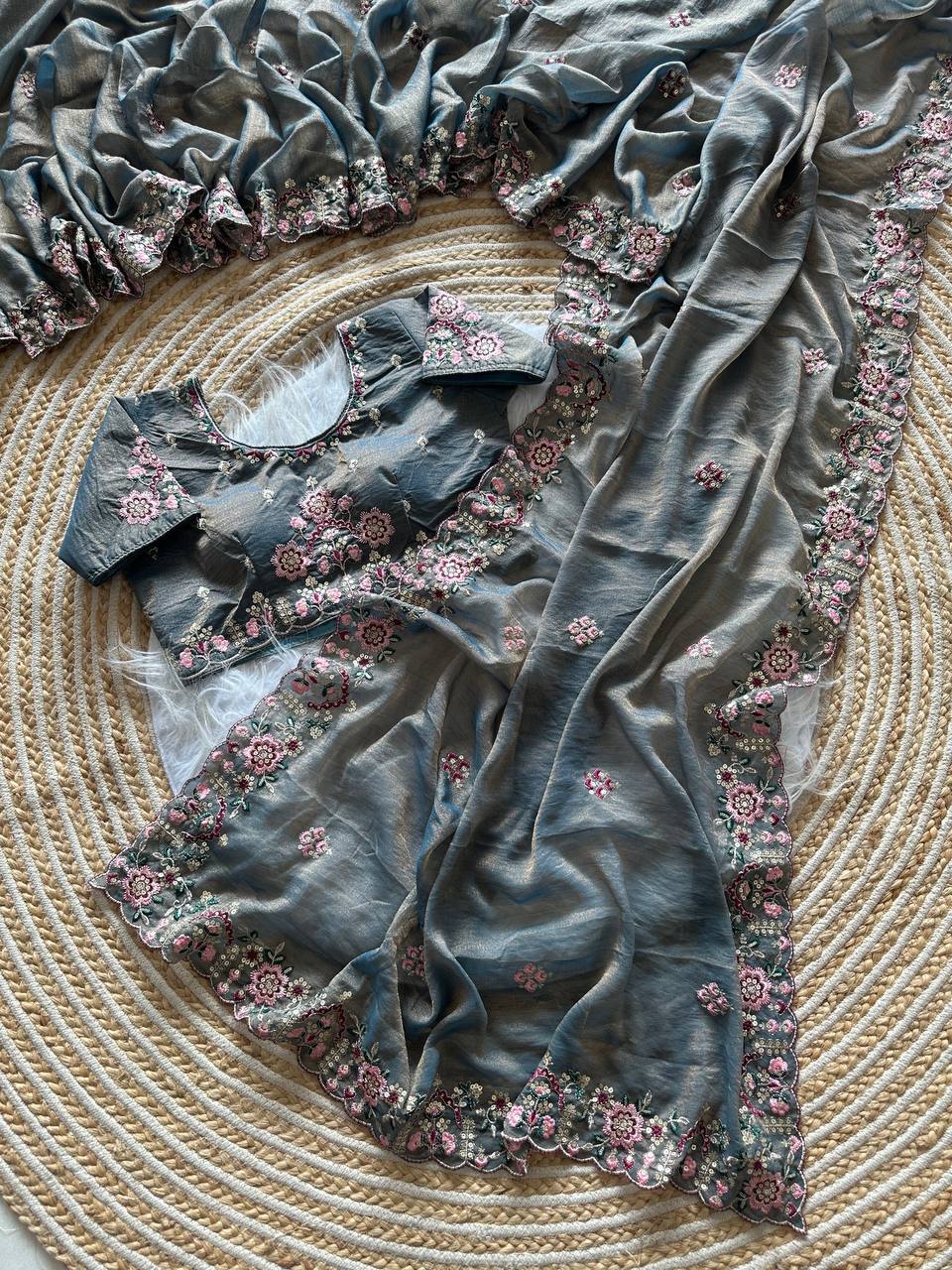 Steel Grey Pure Soft Khadi Moss Silk Saree with Floral Sequence Embroidery & Double Line Aarco Border