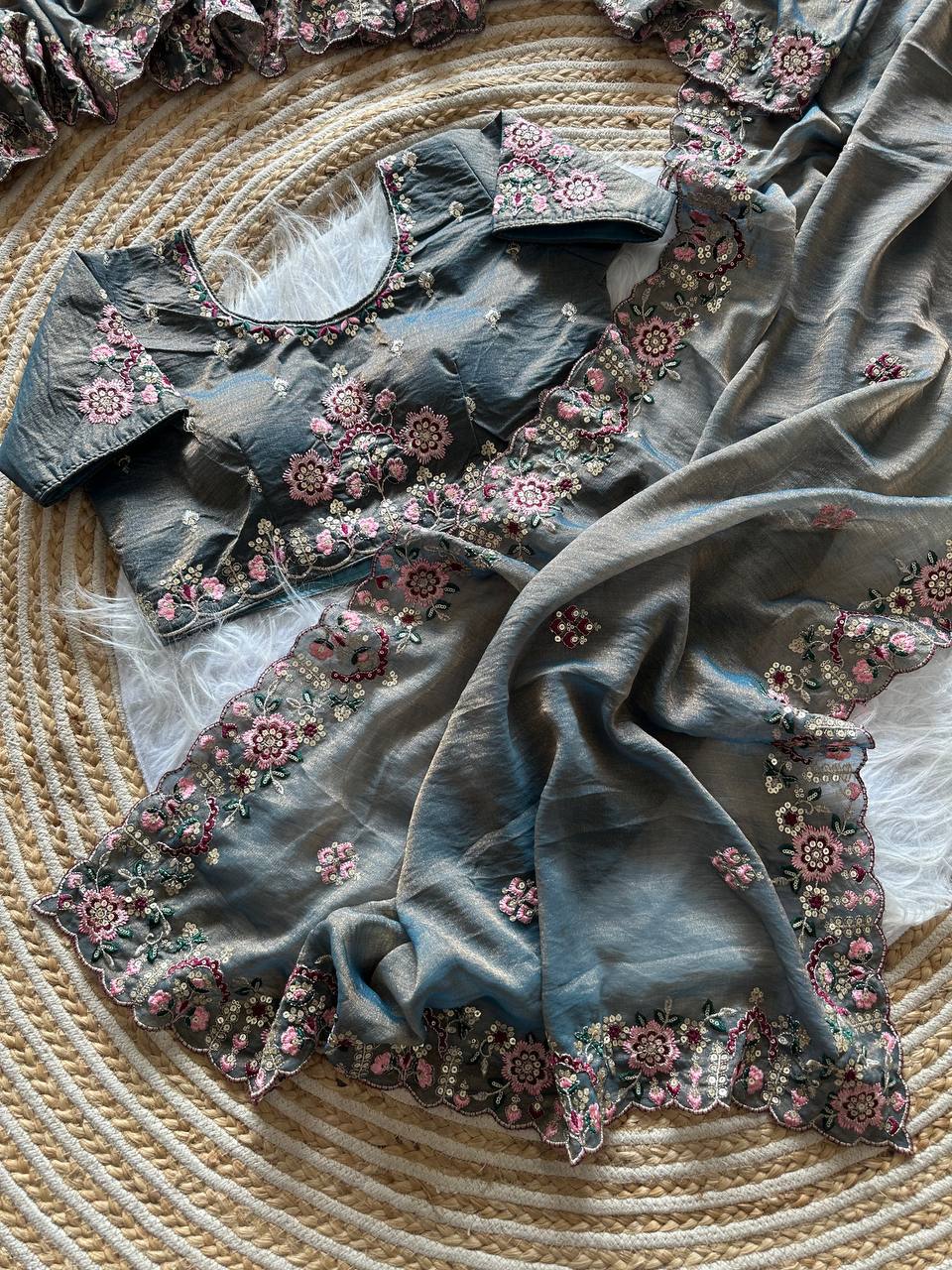Steel Grey Pure Soft Khadi Moss Silk Saree with Floral Sequence Embroidery & Double Line Aarco Border