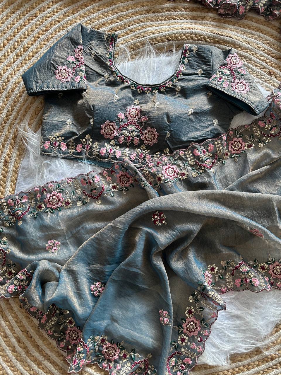 Steel Grey Pure Soft Khadi Moss Silk Saree with Floral Sequence Embroidery & Double Line Aarco Border