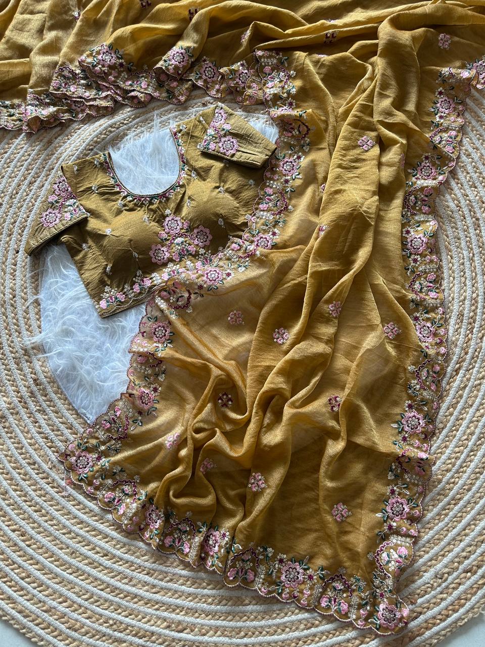 Mustard Gold Pure Soft Khadi Moss Silk Saree with Floral Sequence Embroidery & Double Line Aarco Border