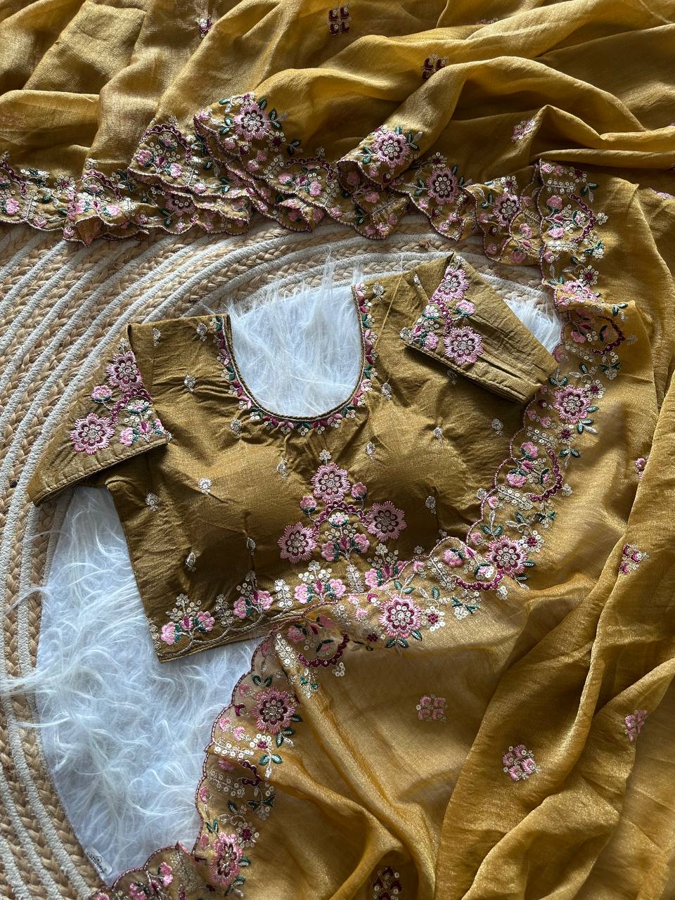 Mustard Gold Pure Soft Khadi Moss Silk Saree with Floral Sequence Embroidery & Double Line Aarco Border