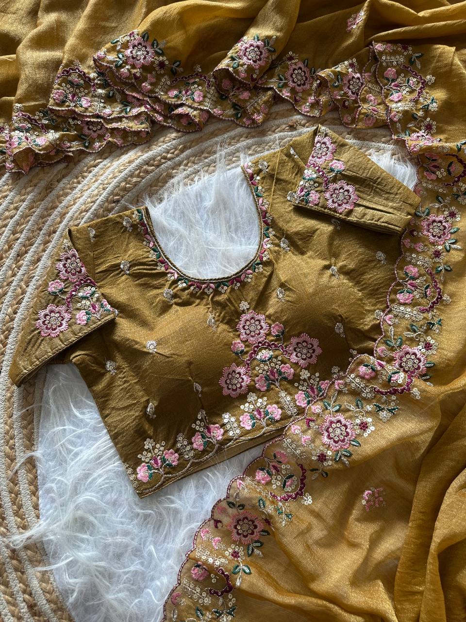 Mustard Gold Pure Soft Khadi Moss Silk Saree with Floral Sequence Embroidery & Double Line Aarco Border