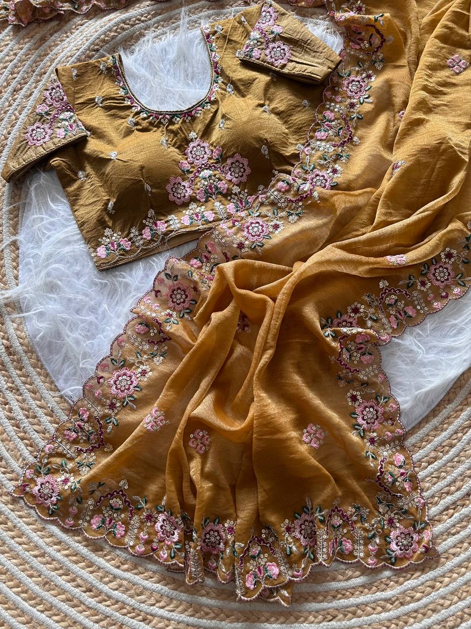 Mustard Gold Pure Soft Khadi Moss Silk Saree with Floral Sequence Embroidery & Double Line Aarco Border