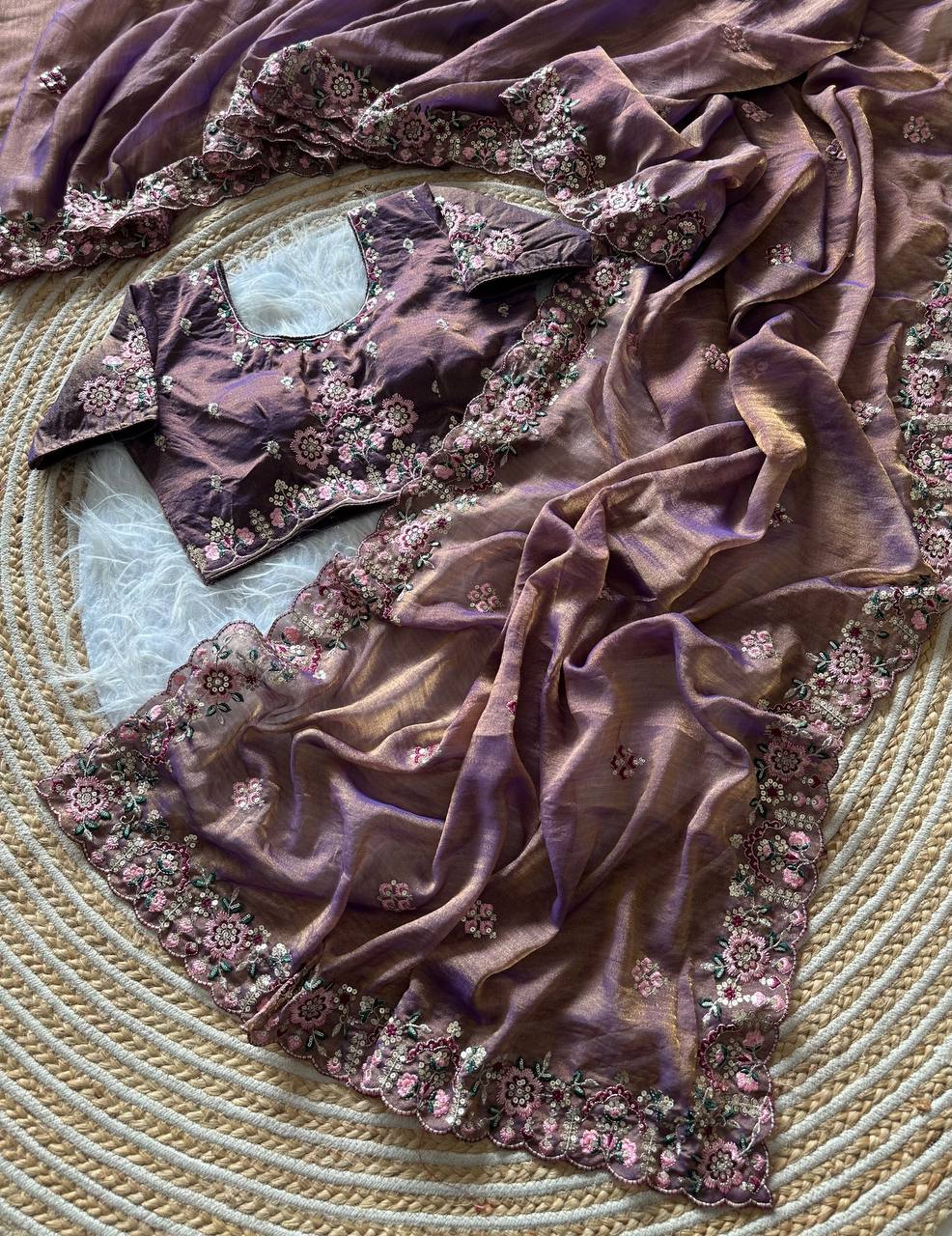Mauve Pure Soft Khadi Moss Silk Saree with Floral Sequence Embroidery & Double Line Aarco Border