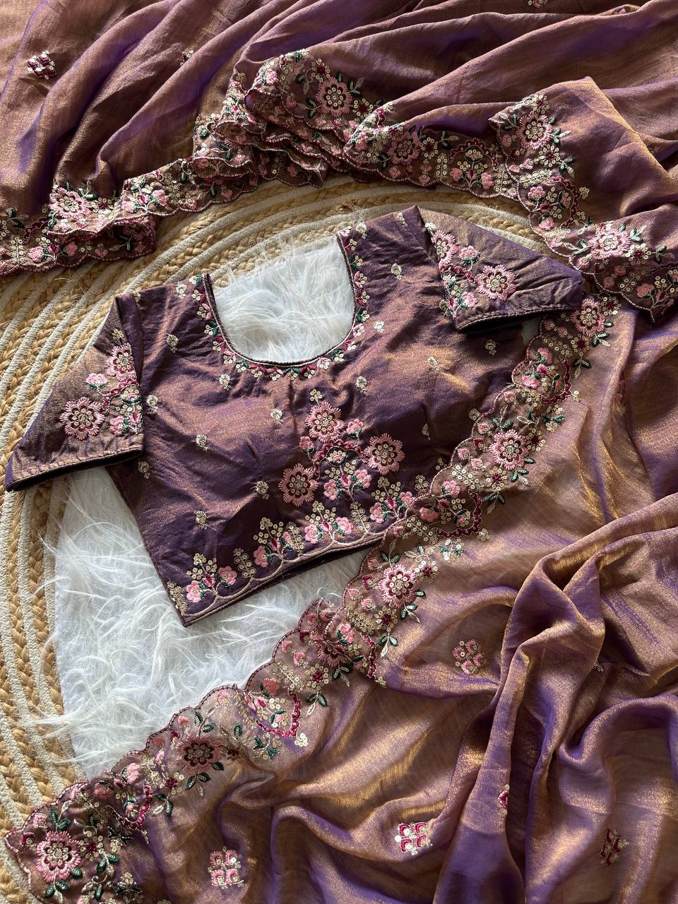 Mauve Pure Soft Khadi Moss Silk Saree with Floral Sequence Embroidery & Double Line Aarco Border