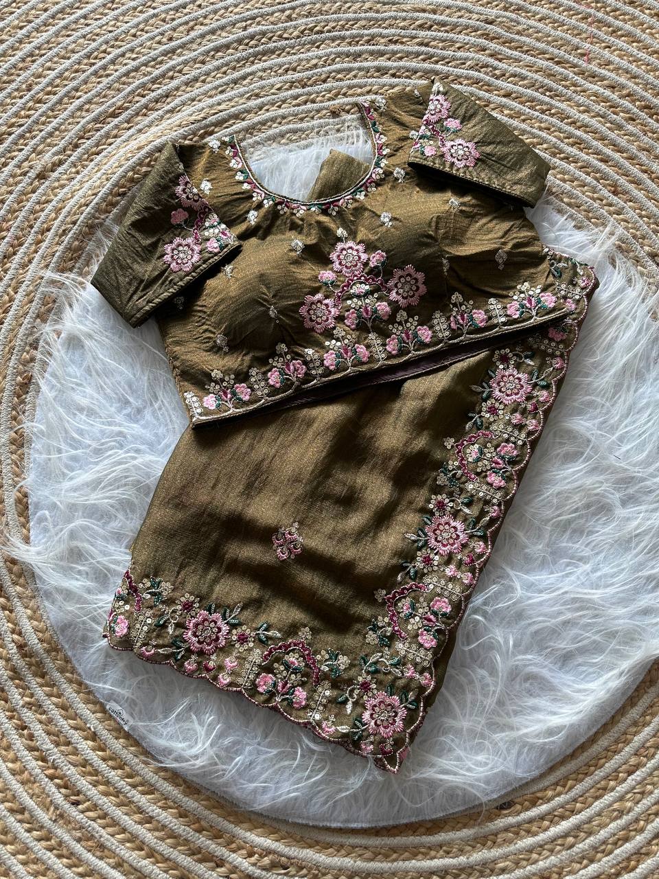 Olive Gold Pure Soft Khadi Moss Silk Saree with Floral Sequence Embroidery & Double Line Aarco Border