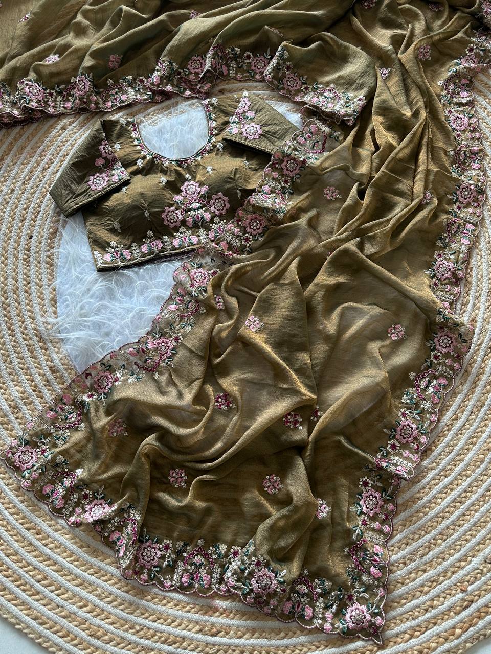 Olive Gold Pure Soft Khadi Moss Silk Saree with Floral Sequence Embroidery & Double Line Aarco Border