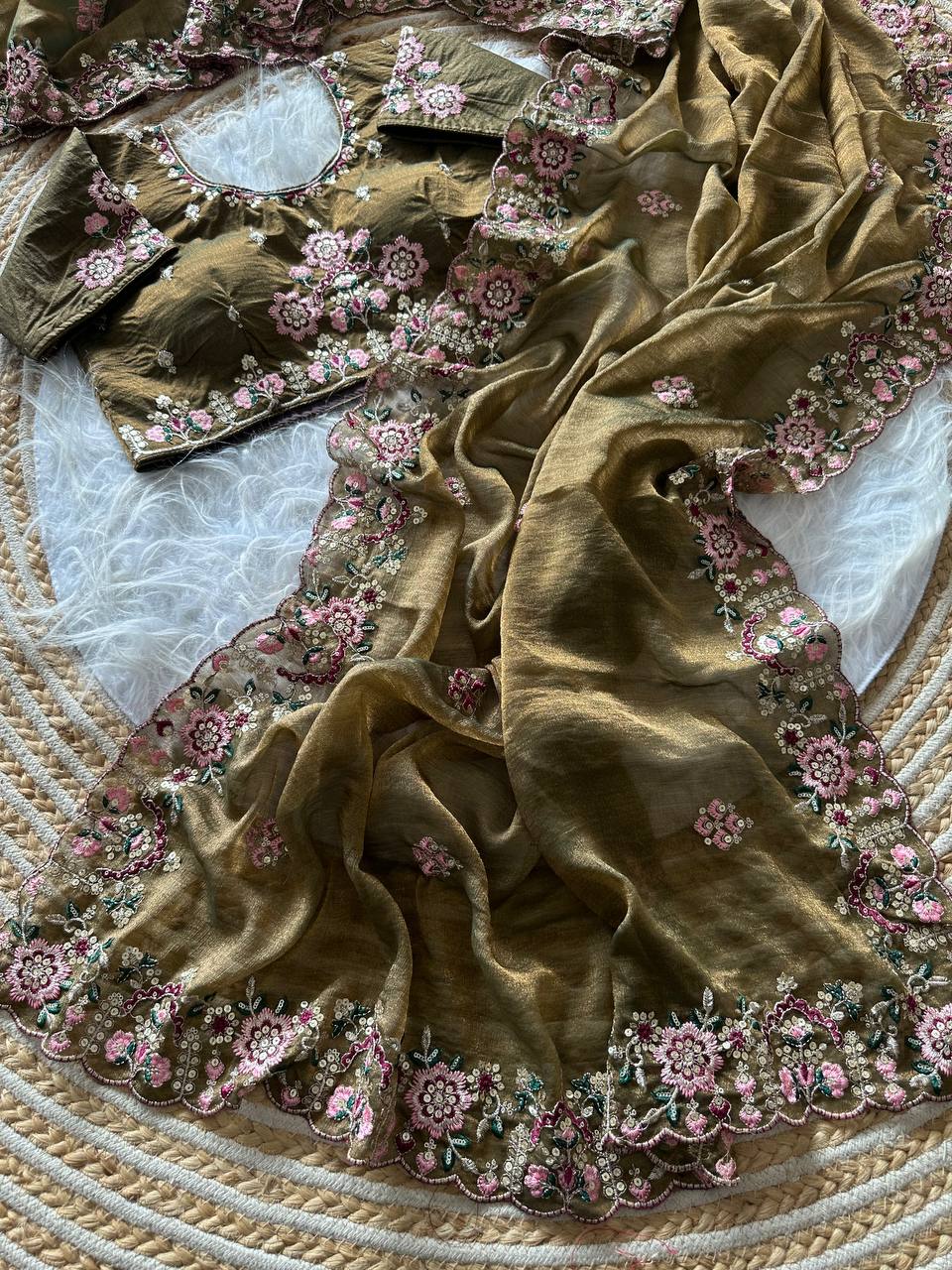 Olive Gold Pure Soft Khadi Moss Silk Saree with Floral Sequence Embroidery & Double Line Aarco Border